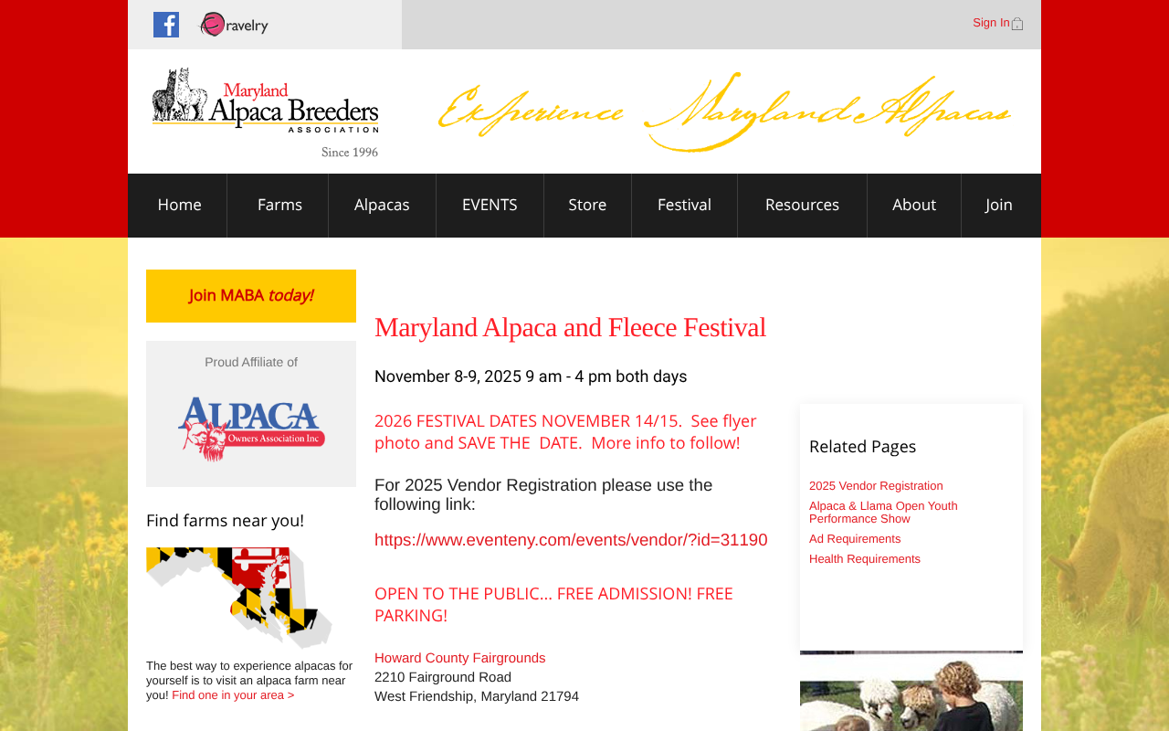 Screenshot of Maryland Alpaca and Fleece Festival